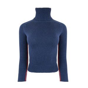 PRADA Navy Cashmere Turtleneck with Red Piping Details